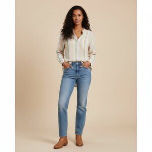 Eddie Bauer Womens Small Fringe Collar Striped Retro Button Neck Shirt